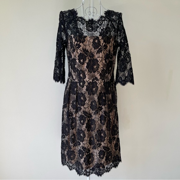 Milly Celia 3/4 Sleeve short Dress SZ 4 Black Lace Blush silk Lining Scallop Hem - Picture 2 of 11
